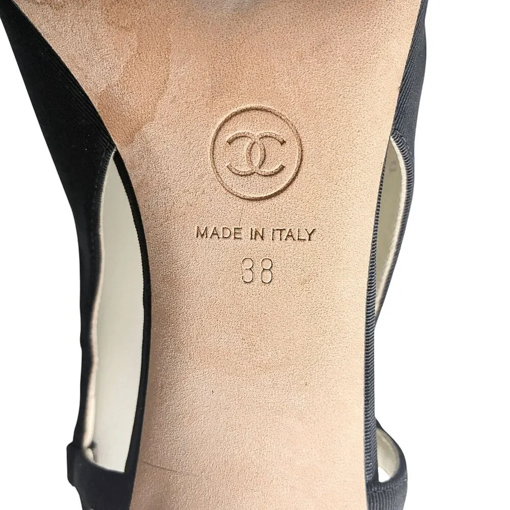 Chanel Slingback Sandal Grosgrain Crystal CC Logo Bow Heels EU 38 Black Peep Toe - Picture 12 of 12